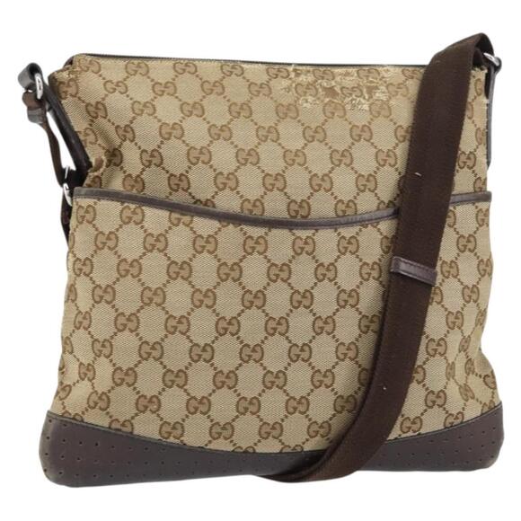 GUCCI GG Canvas Shoulder Bag Beige Silver 145857 Auth ti3599